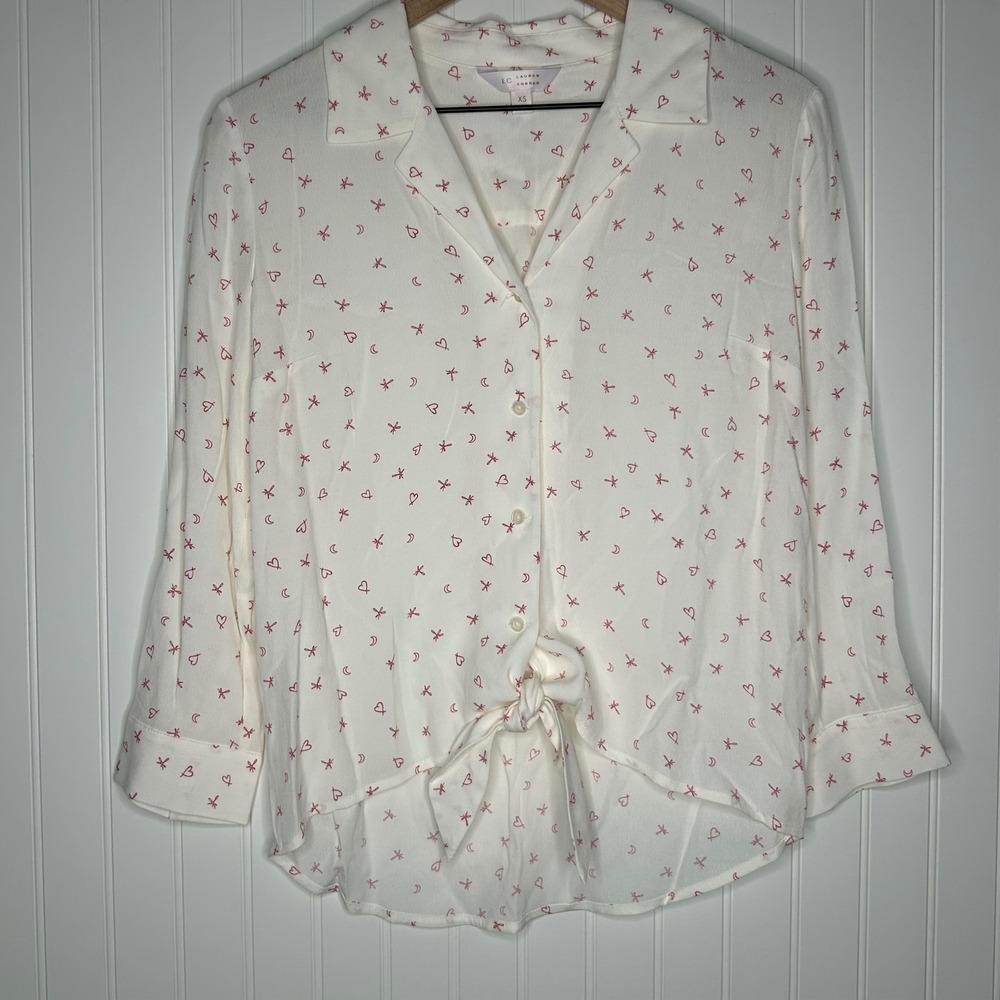LC Lauren Conrad Womens Blouse Size XS Celestial Moon Stars Tie Front Cream Pink